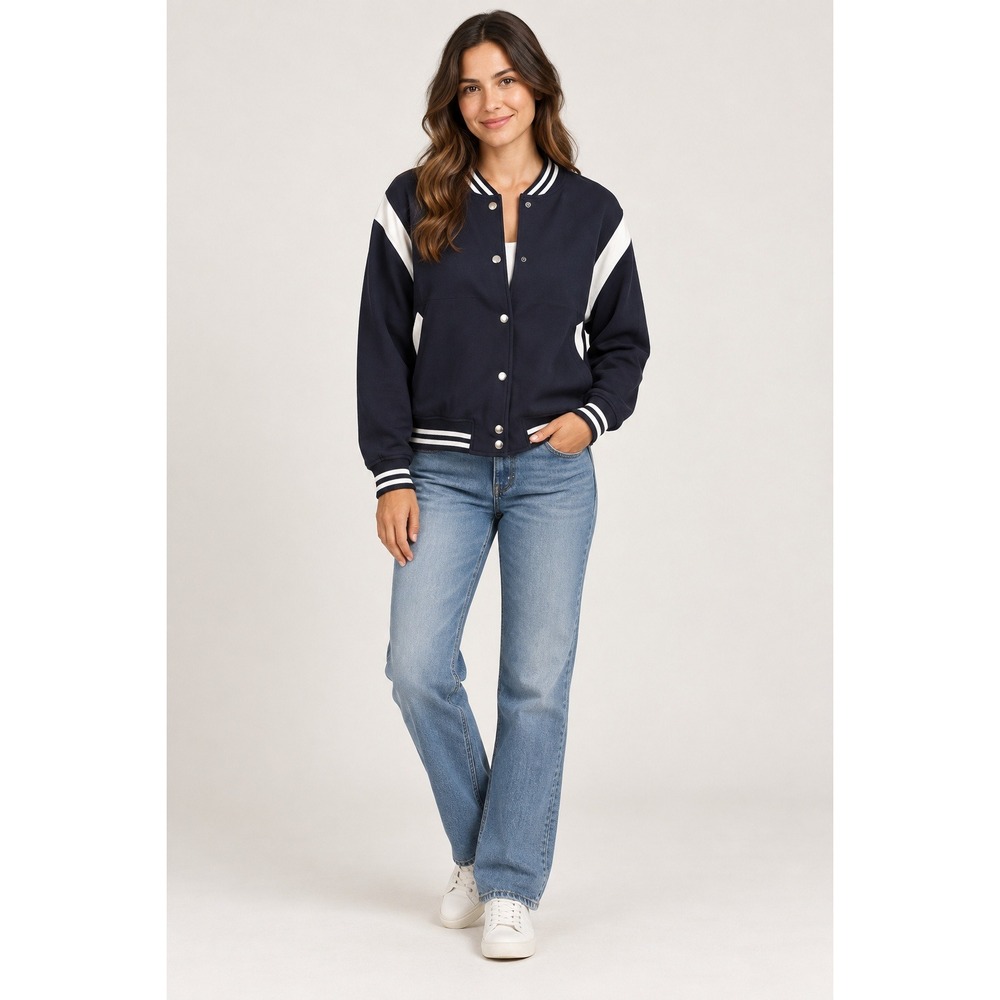 Unbranded Varsity Bomber Jacket Women M Navy Blue Preppy Collegiate Colorblock